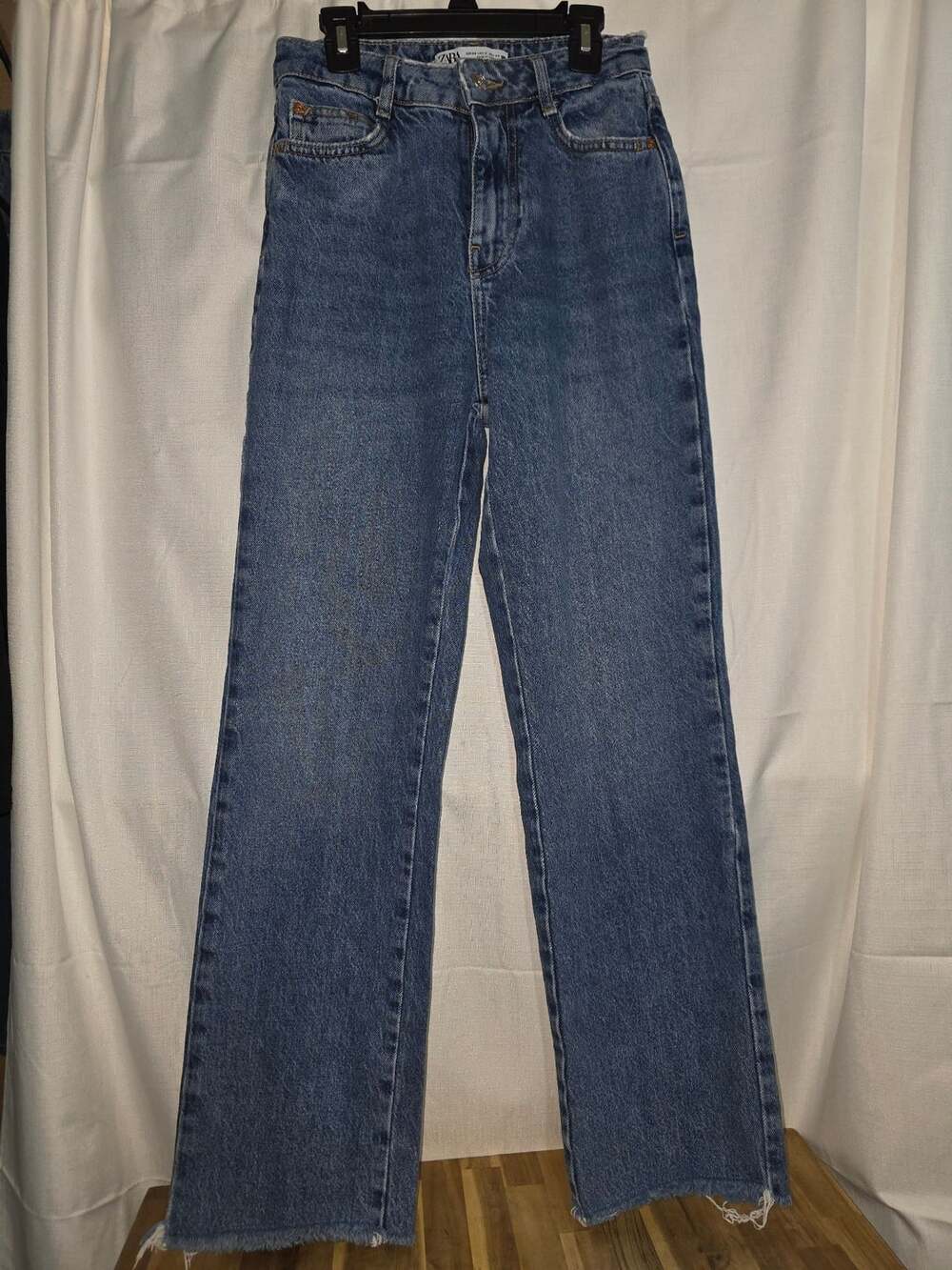 ZARA Straight Leg Jeans Size 2 Blue Raw Hem High Rise Denim